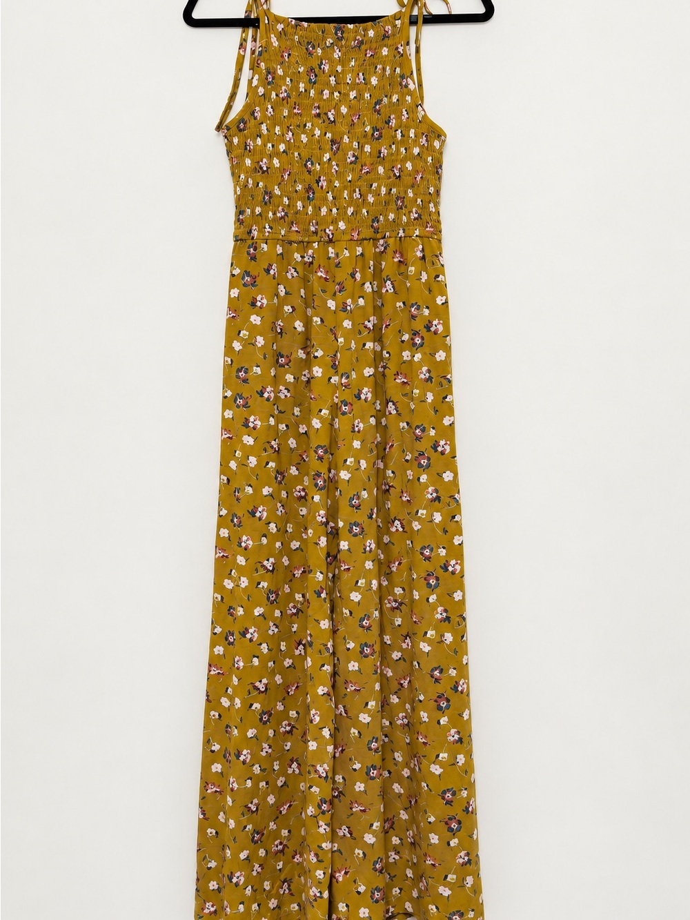 Pact Size Small Mustard Floral Jumpsuit Smocked Wide Leg Organic Cotton Boho - Picture 2 of 7
